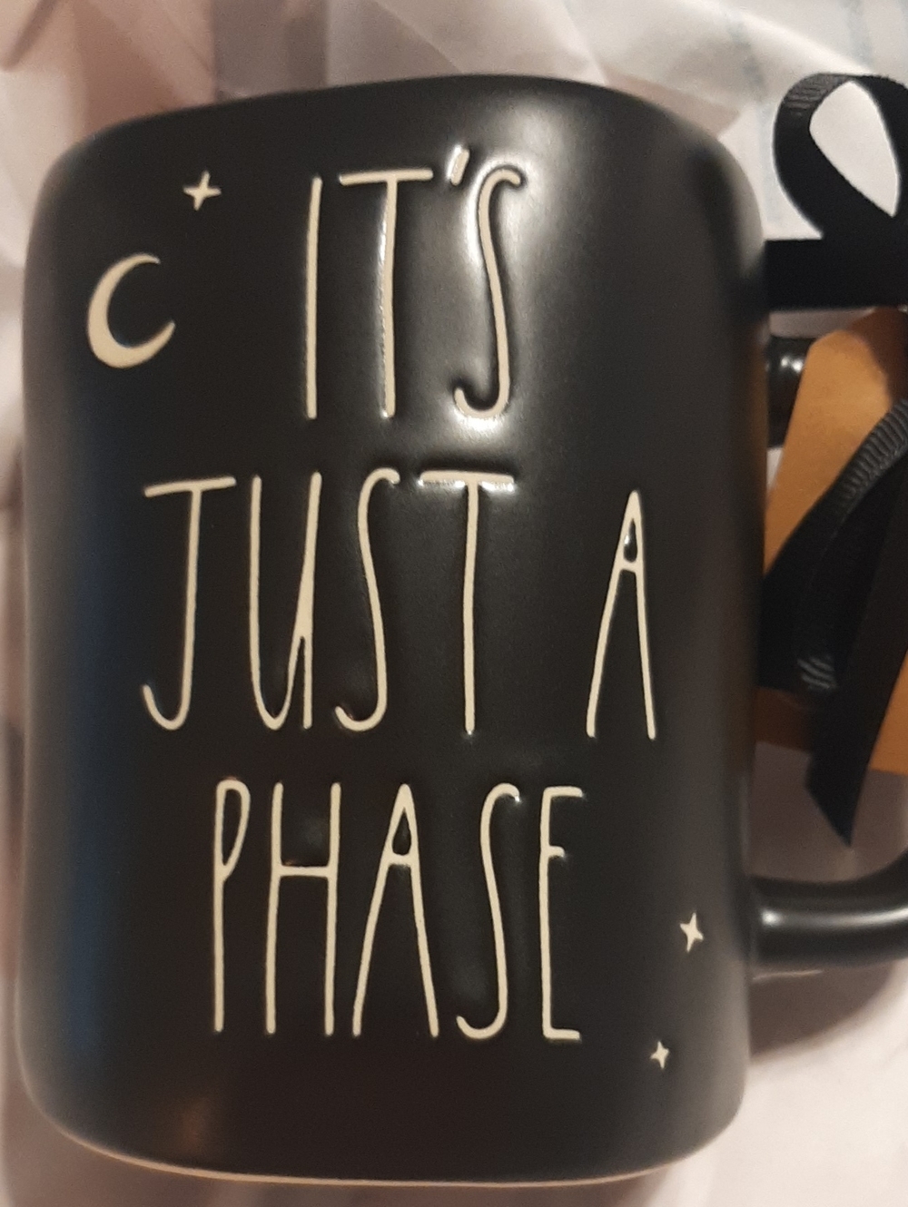 Rae Dunn Black Ceramic Mug with Cream Lettering - "It's Just a Phase" NWT